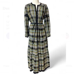 Cefinn Katie midi dress in a navy and yellow plaid pattern size 8
